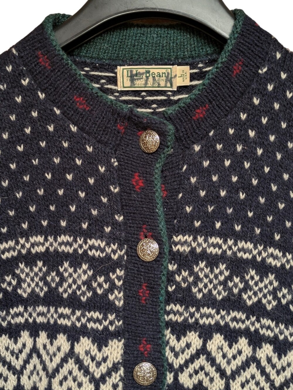 L.L. Bean Vintage Wool Fair Isle Navy Cardigan Size Large - Picture 2 of 7